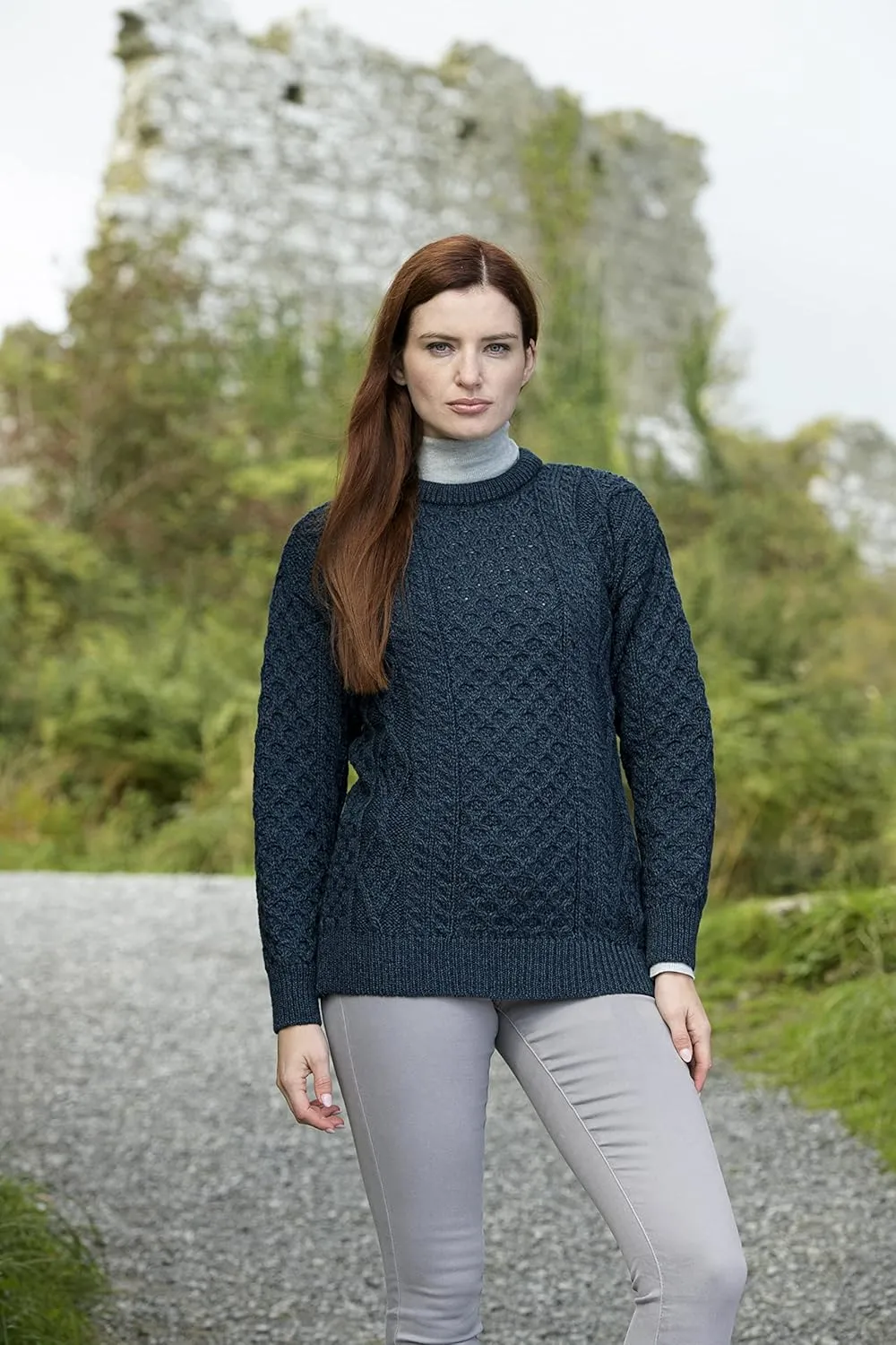 Aran Crafts Irish Soft Cable Knitted Crew Neck Unisex Sweater (100% Pure New Wool)