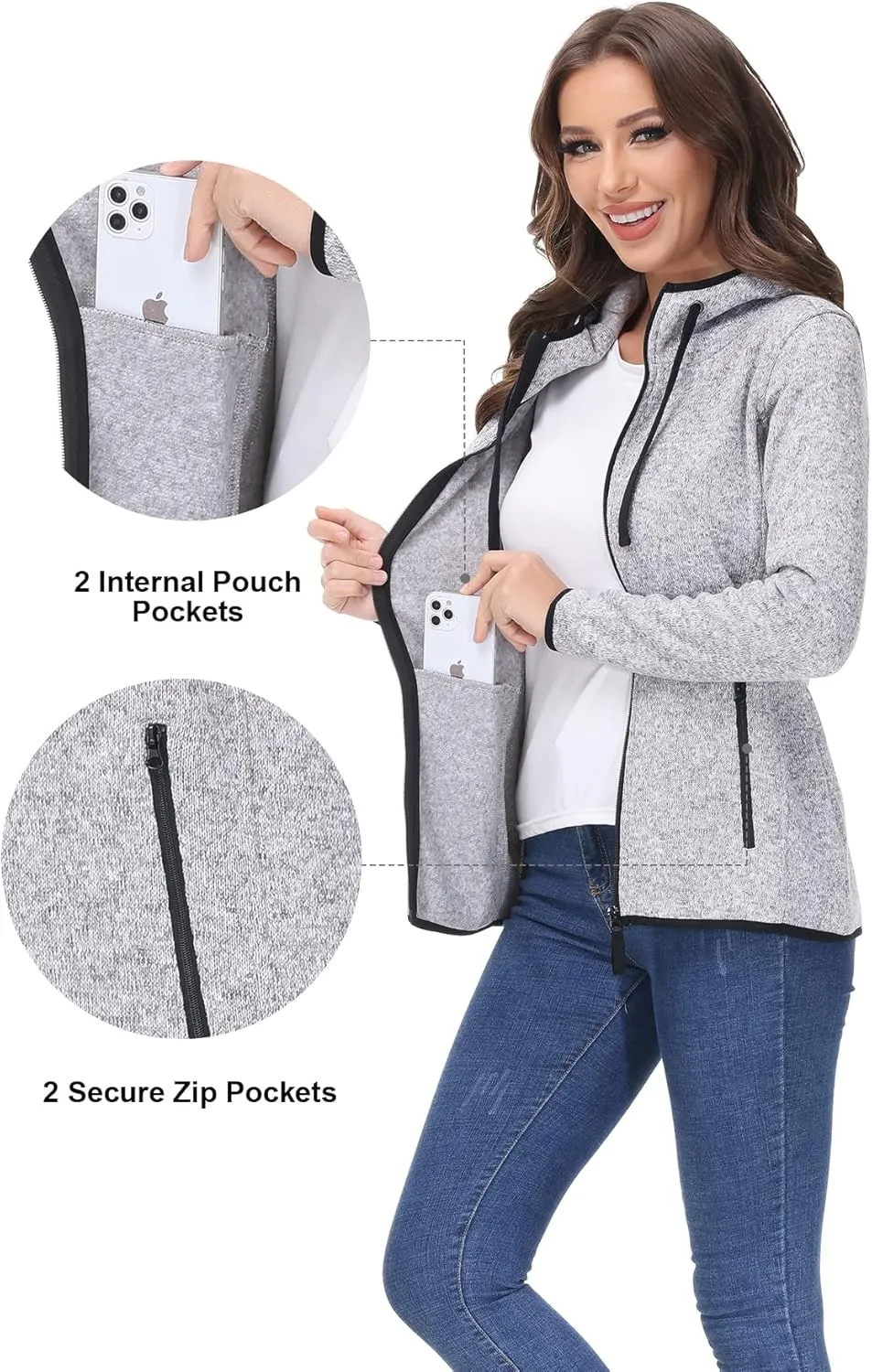 COZZIPLUS Women Zip Up Sweater Jacket with Fleece Interior, Warm Knitted Fleece Jacket with Pockets