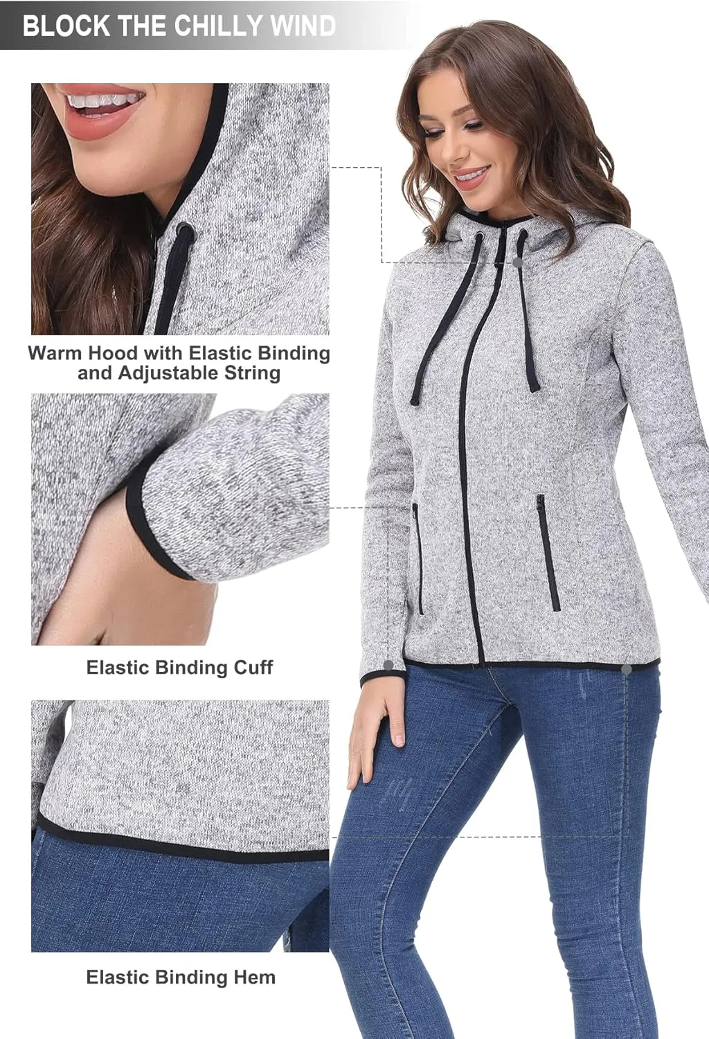 COZZIPLUS Women Zip Up Sweater Jacket with Fleece Interior, Warm Knitted Fleece Jacket with Pockets