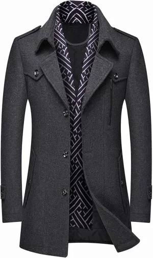 DOSLAVIDA Men's Slim Fit Woolen Pea Coat Single Breasted Winter Warm Long Trench Jackets With Removable Soft Scarf