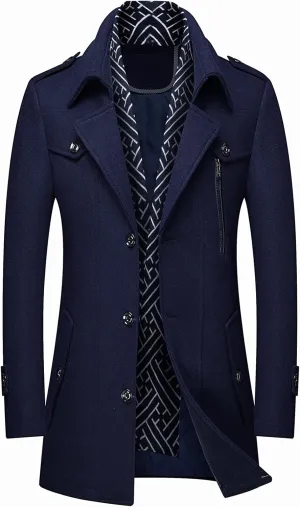 DOSLAVIDA Men's Slim Fit Woolen Pea Coat Single Breasted Winter Warm Long Trench Jackets With Removable Soft Scarf