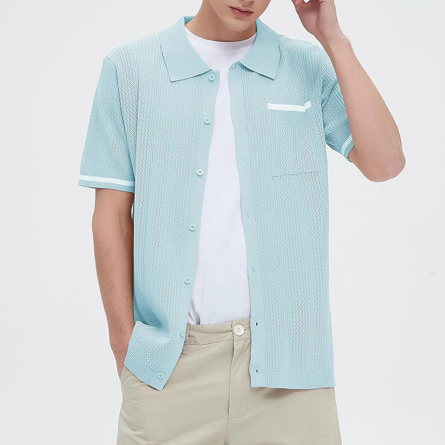 Durio Mens Shirts Short Sleeve Knit Polo Shirt Breathable Button Down Beach Shirts for Men Casual Shirt Summer Vacation
