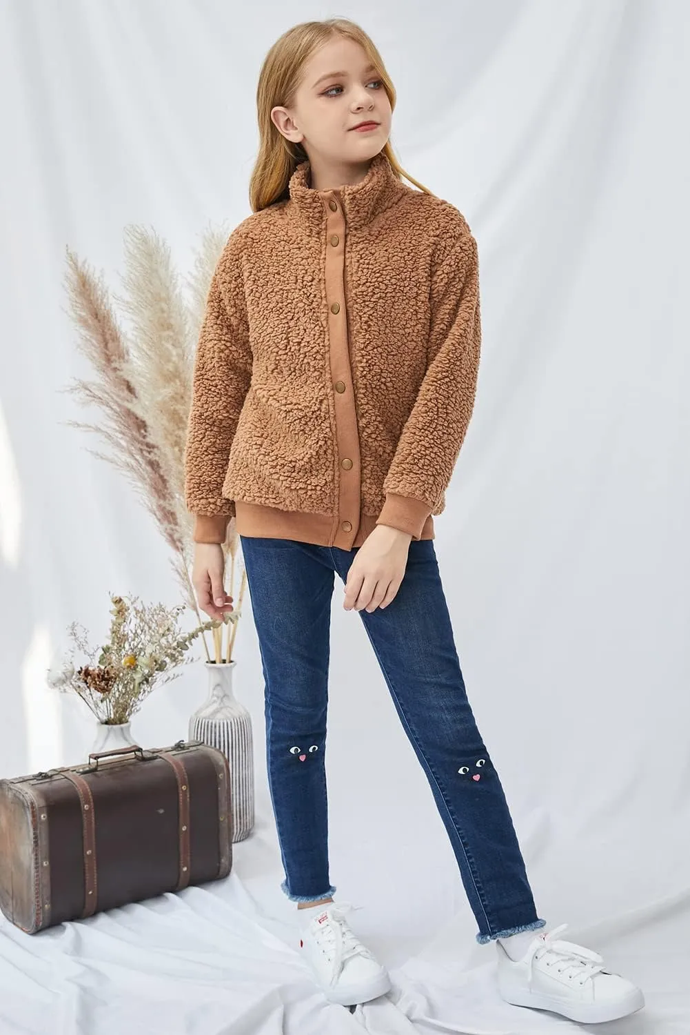 Ecokauer Girls Faux Fur Buttoned Sherpa Fleece Jackets Lightweight Winter Coats Warm Outwear