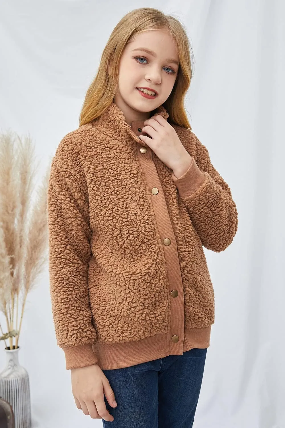 Ecokauer Girls Faux Fur Buttoned Sherpa Fleece Jackets Lightweight Winter Coats Warm Outwear