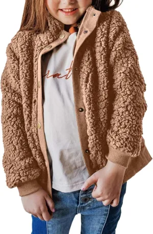 Ecokauer Girls Faux Fur Buttoned Sherpa Fleece Jackets Lightweight Winter Coats Warm Outwear