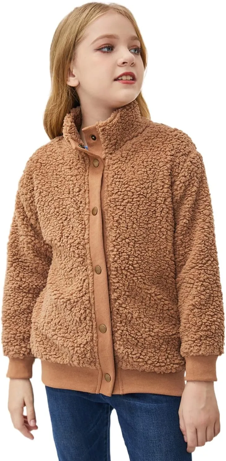 Ecokauer Girls Faux Fur Buttoned Sherpa Fleece Jackets Lightweight Winter Coats Warm Outwear