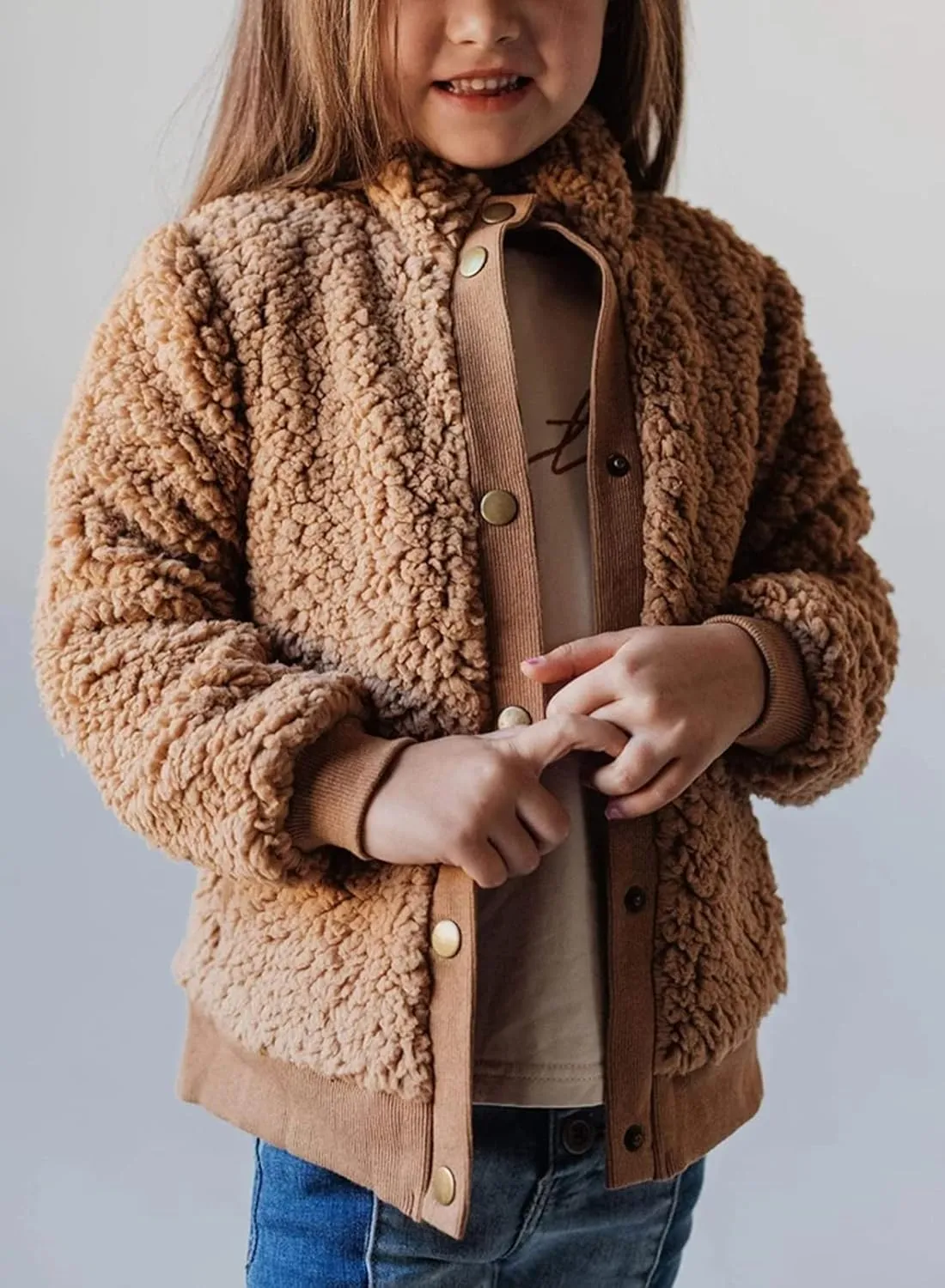 Ecokauer Girls Faux Fur Buttoned Sherpa Fleece Jackets Lightweight Winter Coats Warm Outwear