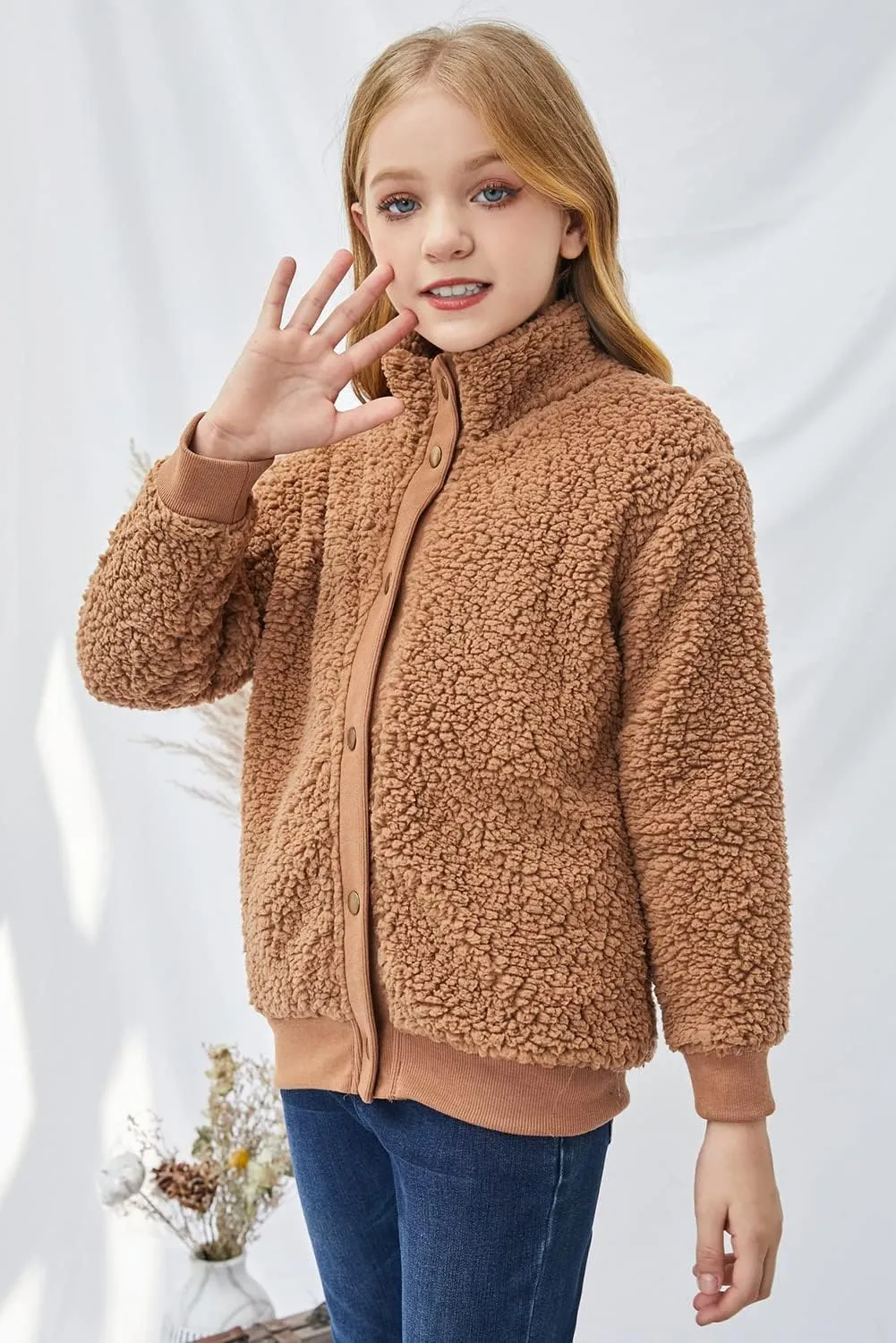 Ecokauer Girls Faux Fur Buttoned Sherpa Fleece Jackets Lightweight Winter Coats Warm Outwear