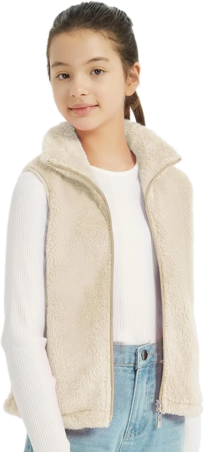 EXARUS Girls Fleece Vest Stand Collar Sleeveless Lightweight Soft Zipper with Pockets Outwear Winter Thermal 6-12Y