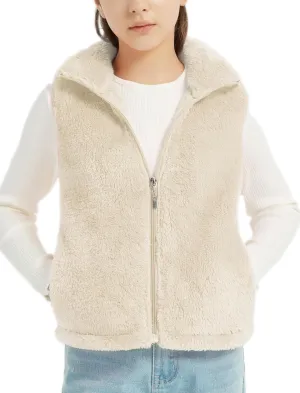 EXARUS Girls Fleece Vest Stand Collar Sleeveless Lightweight Soft Zipper with Pockets Outwear Winter Thermal 6-12Y