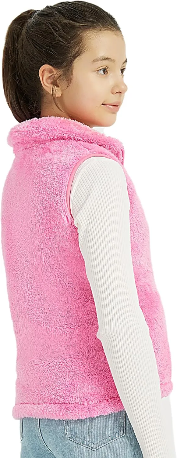 EXARUS Girls Fleece Vest Stand Collar Sleeveless Lightweight Soft Zipper with Pockets Outwear Winter Thermal 6-12Y