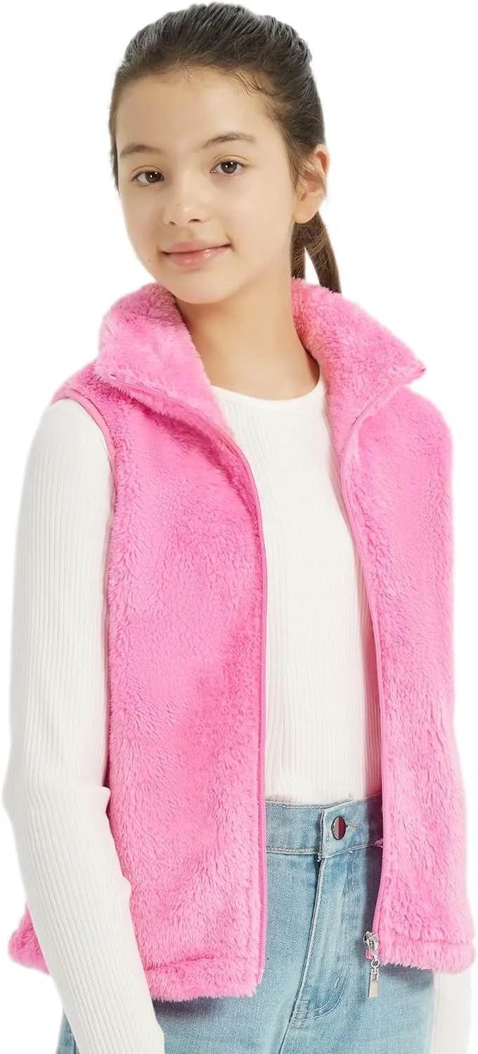 EXARUS Girls Fleece Vest Stand Collar Sleeveless Lightweight Soft Zipper with Pockets Outwear Winter Thermal 6-12Y