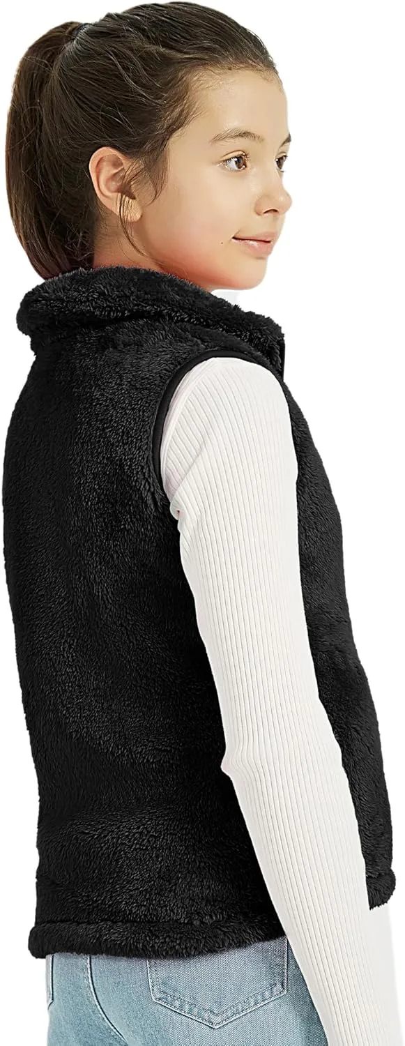 EXARUS Girls Fleece Vest Stand Collar Sleeveless Lightweight Soft Zipper with Pockets Outwear Winter Thermal 6-12Y