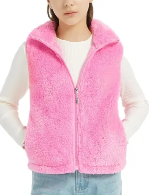EXARUS Girls Fleece Vest Stand Collar Sleeveless Lightweight Soft Zipper with Pockets Outwear Winter Thermal 6-12Y