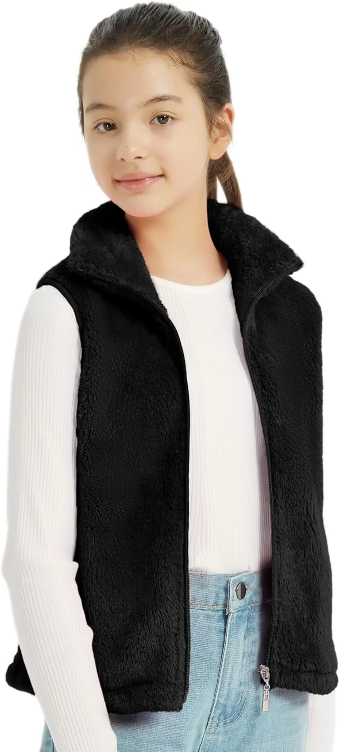 EXARUS Girls Fleece Vest Stand Collar Sleeveless Lightweight Soft Zipper with Pockets Outwear Winter Thermal 6-12Y