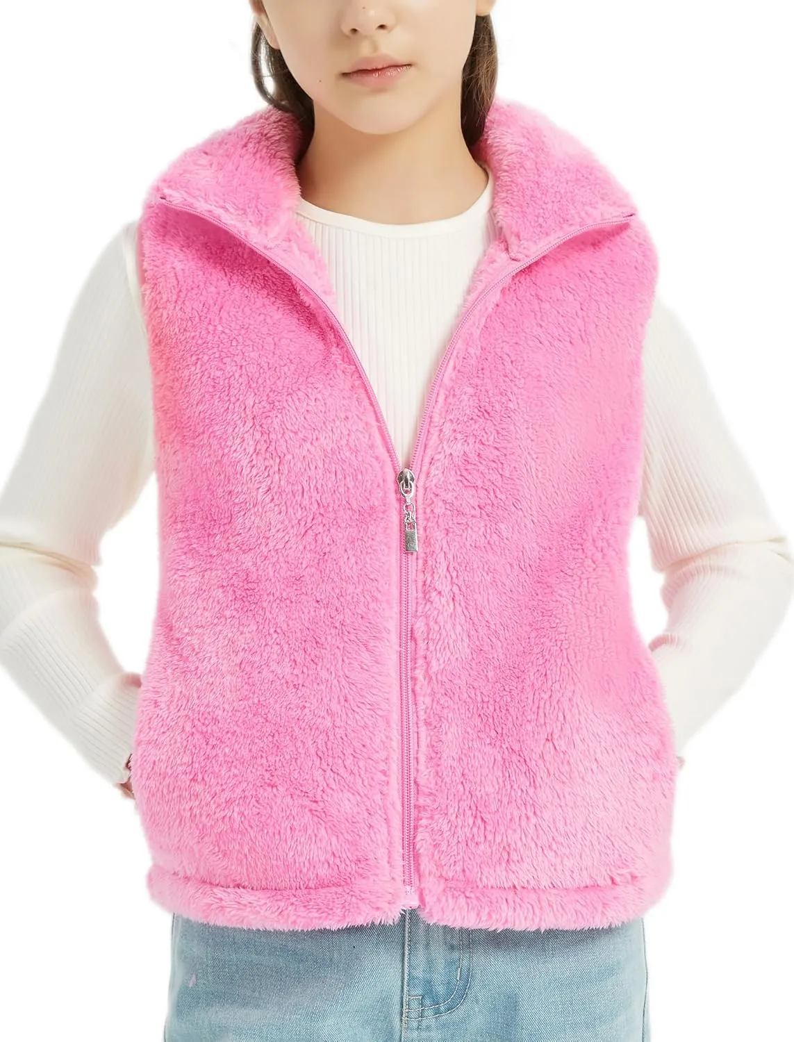EXARUS Girls Fleece Vest Stand Collar Sleeveless Lightweight Soft Zipper with Pockets Outwear Winter Thermal 6-12Y
