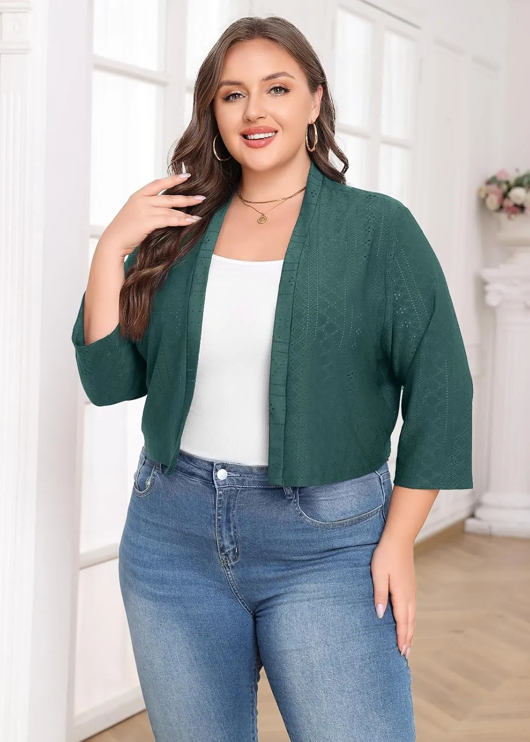 Lastshe Women's Plus Size Shrug Open Front 3/4 Sleeves Cropped Bolero Openwork Fabric Cardigan
