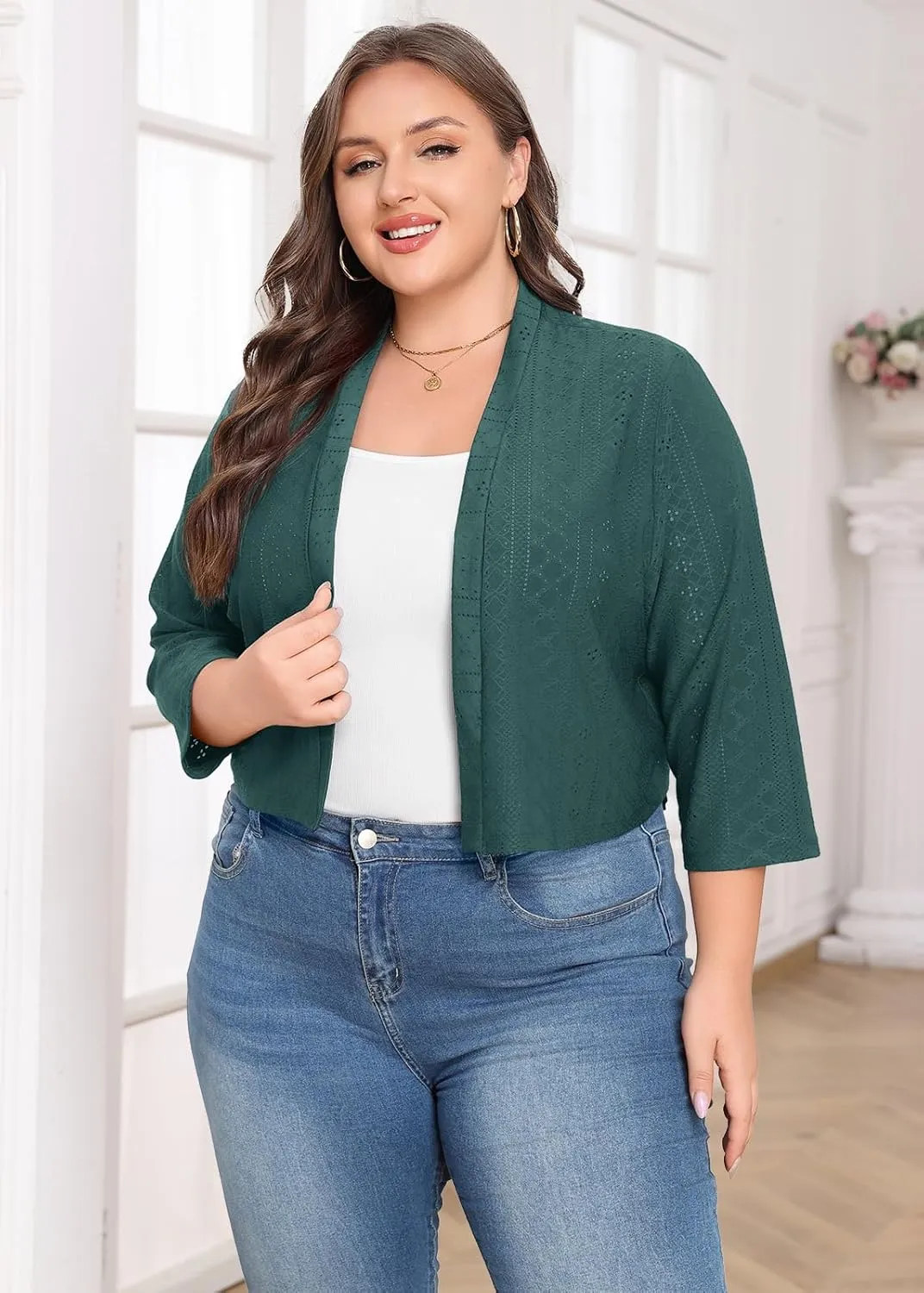 Lastshe Women's Plus Size Shrug Open Front 3/4 Sleeves Cropped Bolero Openwork Fabric Cardigan