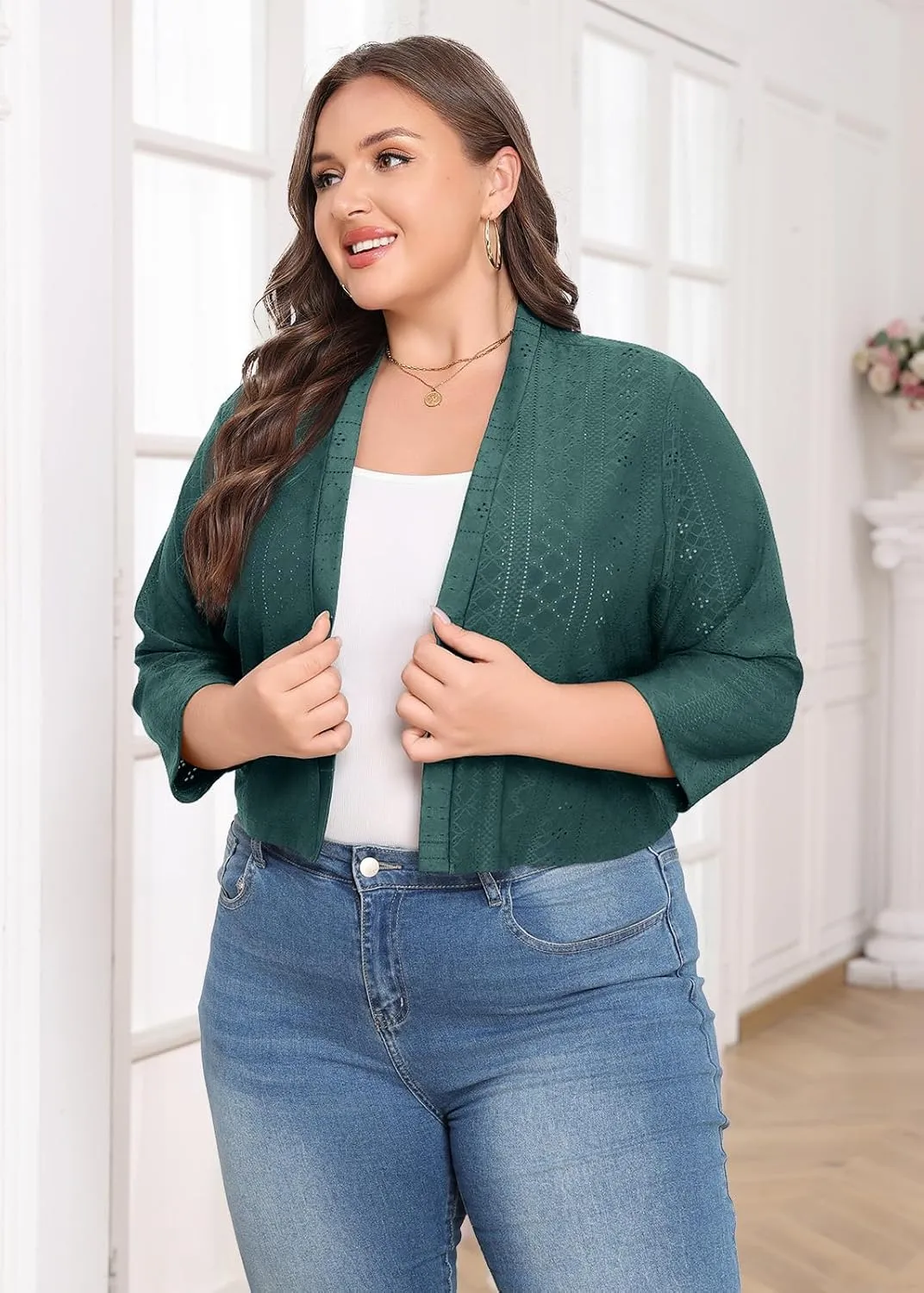 Lastshe Women's Plus Size Shrug Open Front 3/4 Sleeves Cropped Bolero Openwork Fabric Cardigan