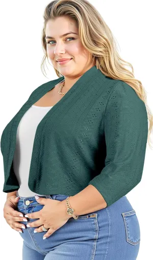 Lastshe Women's Plus Size Shrug Open Front 3/4 Sleeves Cropped Bolero Openwork Fabric Cardigan