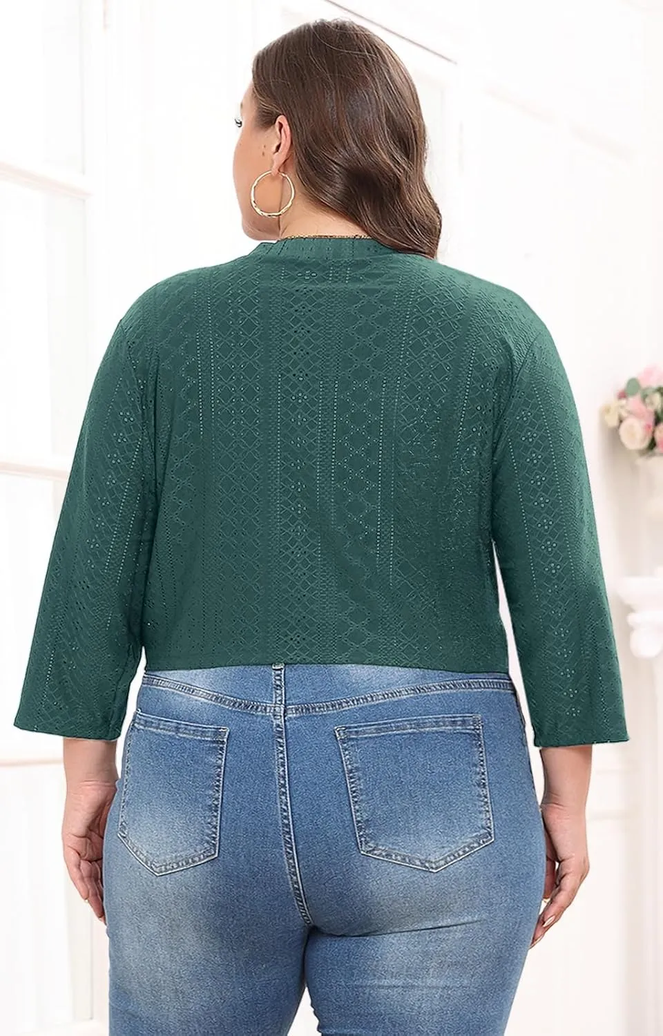 Lastshe Women's Plus Size Shrug Open Front 3/4 Sleeves Cropped Bolero Openwork Fabric Cardigan