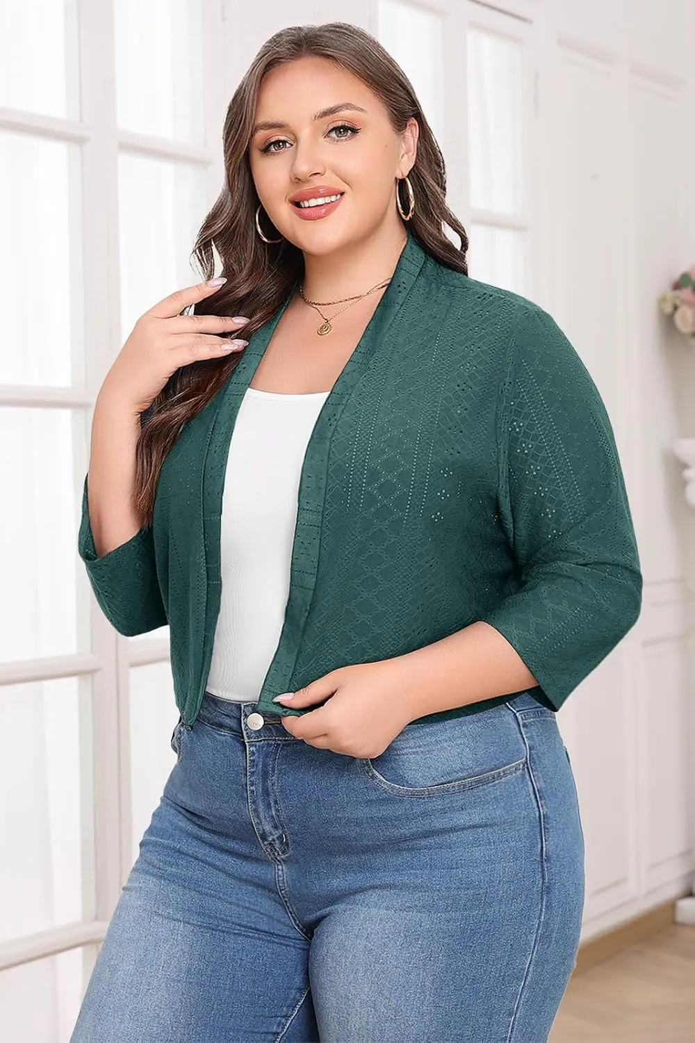 Lastshe Women's Plus Size Shrug Open Front 3/4 Sleeves Cropped Bolero Openwork Fabric Cardigan