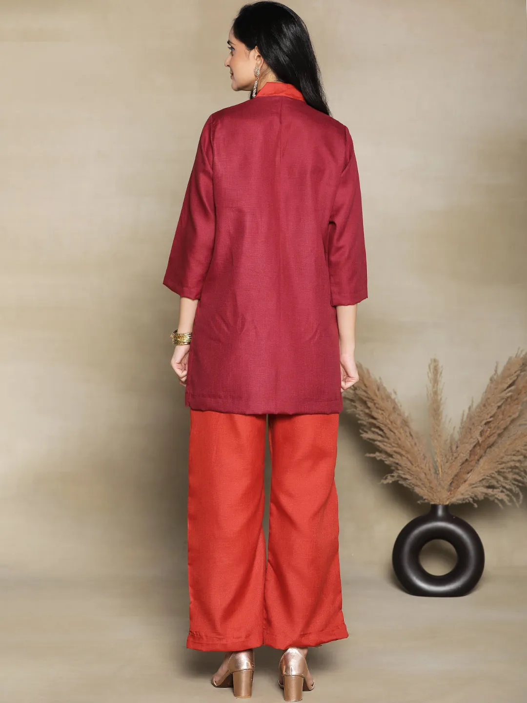 Maroon CottonSlub V-NeckTop & Maroon Palazzo