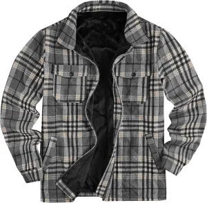 Mens Fleece Jacket Sherpa Lined Zip Up Buffalo Plaid Flannel Coat Casual Long Sleeve Warm Fall Winter Outwear