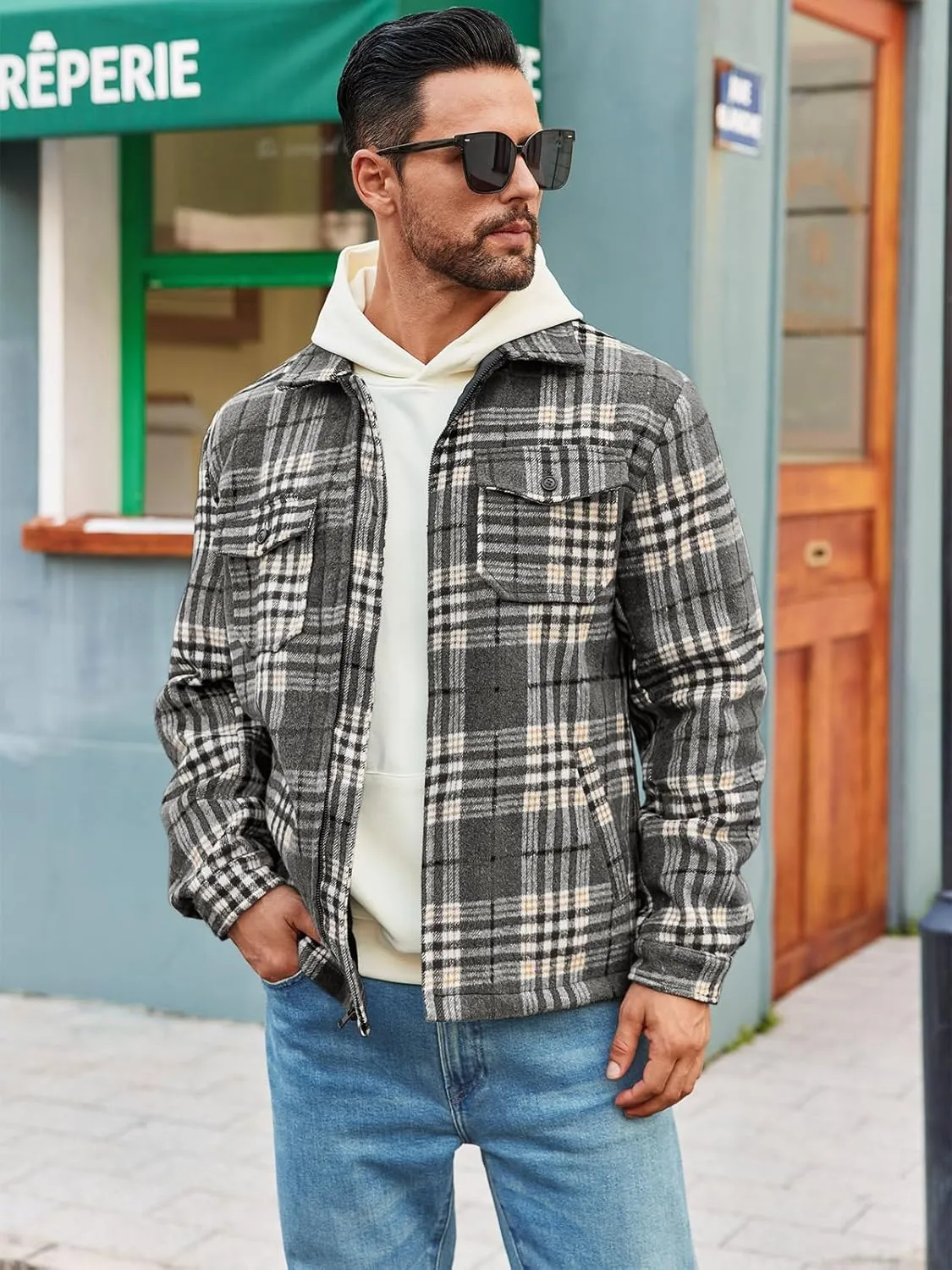Mens Fleece Jacket Sherpa Lined Zip Up Buffalo Plaid Flannel Coat Casual Long Sleeve Warm Fall Winter Outwear