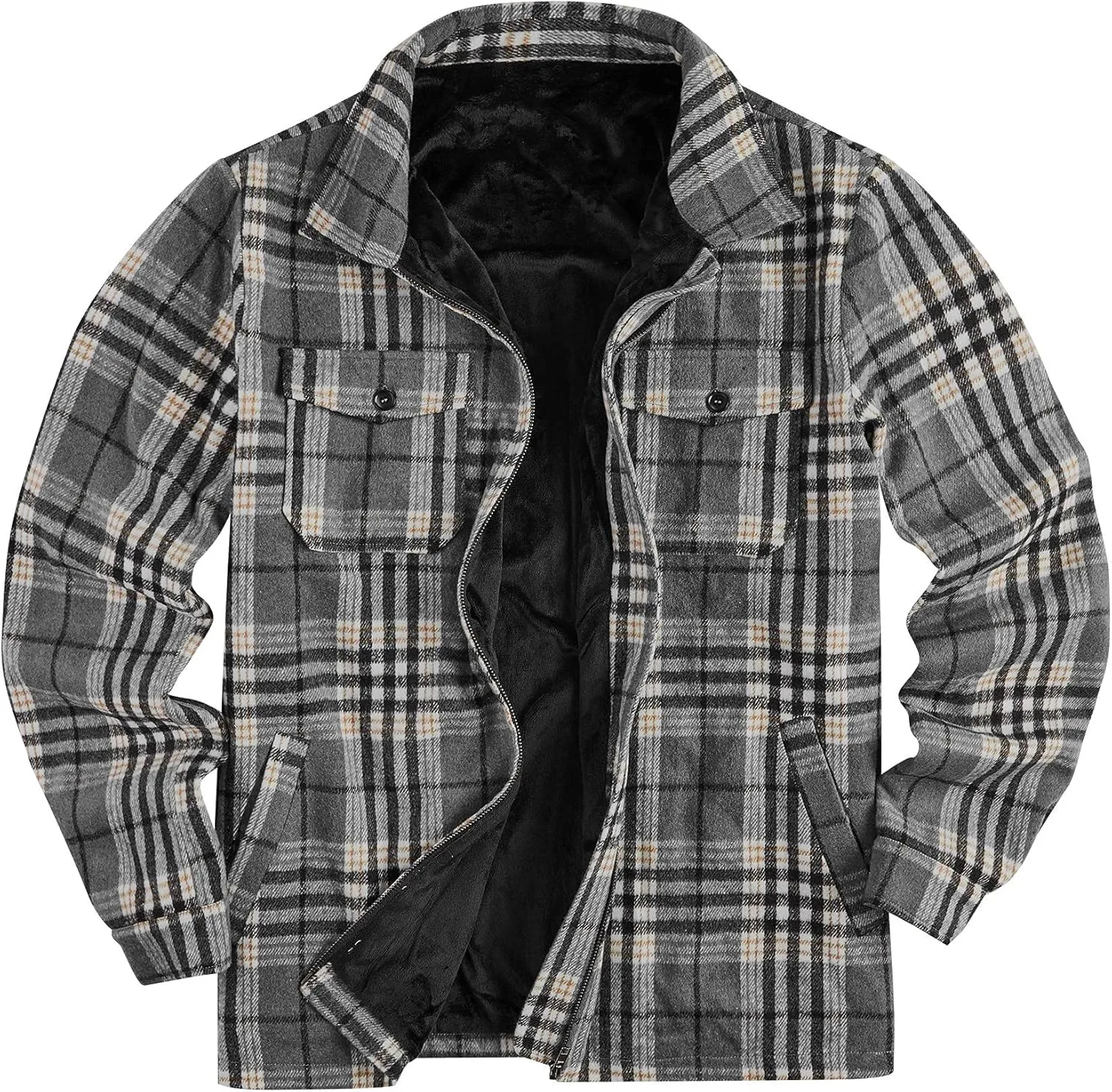 Mens Fleece Jacket Sherpa Lined Zip Up Buffalo Plaid Flannel Coat Casual Long Sleeve Warm Fall Winter Outwear