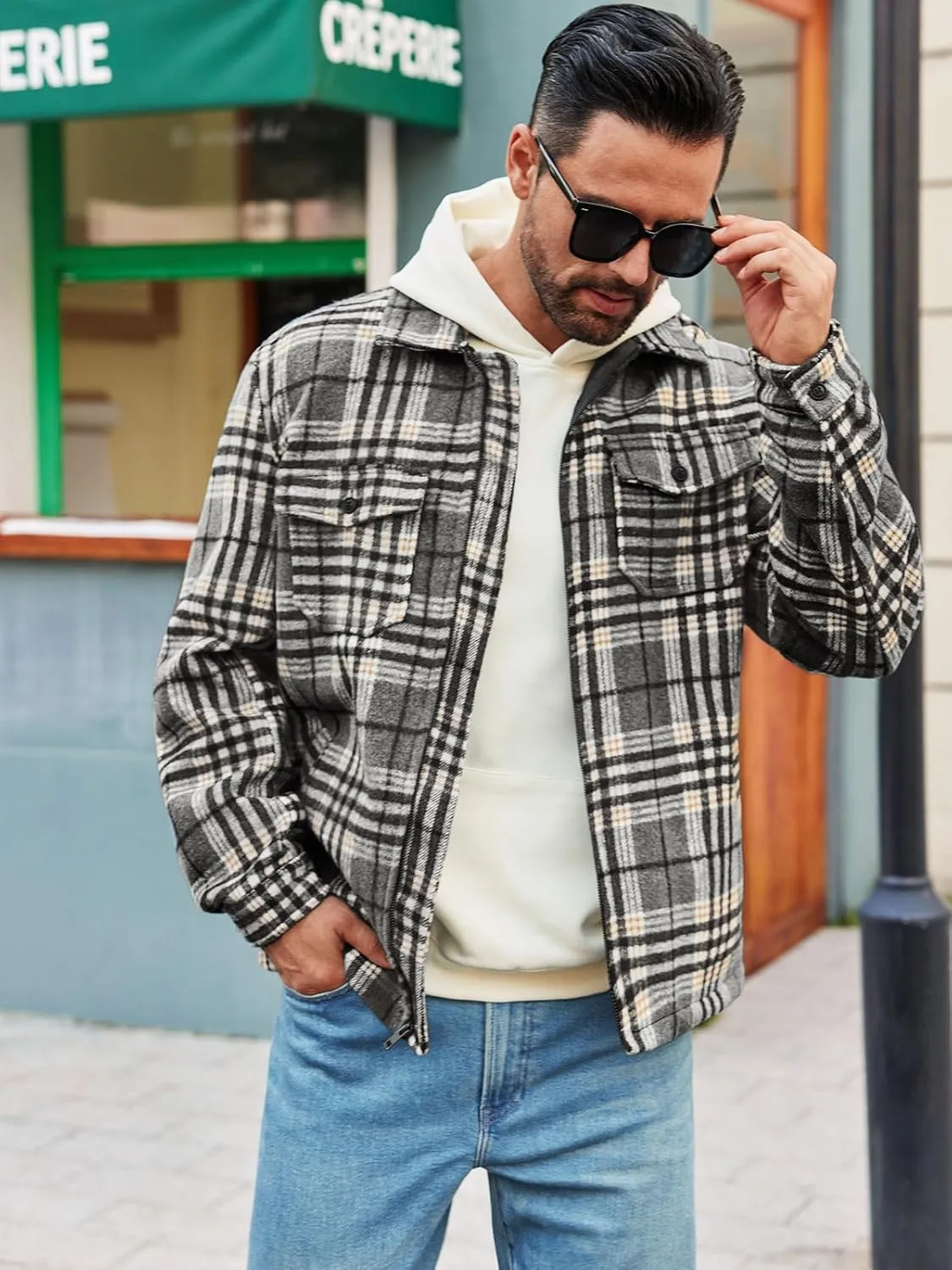 Mens Fleece Jacket Sherpa Lined Zip Up Buffalo Plaid Flannel Coat Casual Long Sleeve Warm Fall Winter Outwear
