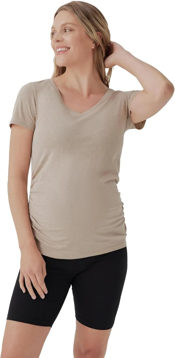 Pact Organic Cotton V-Neck Ruched Maternity Tee Shirts, Soft Pregnancy Top with Stretch