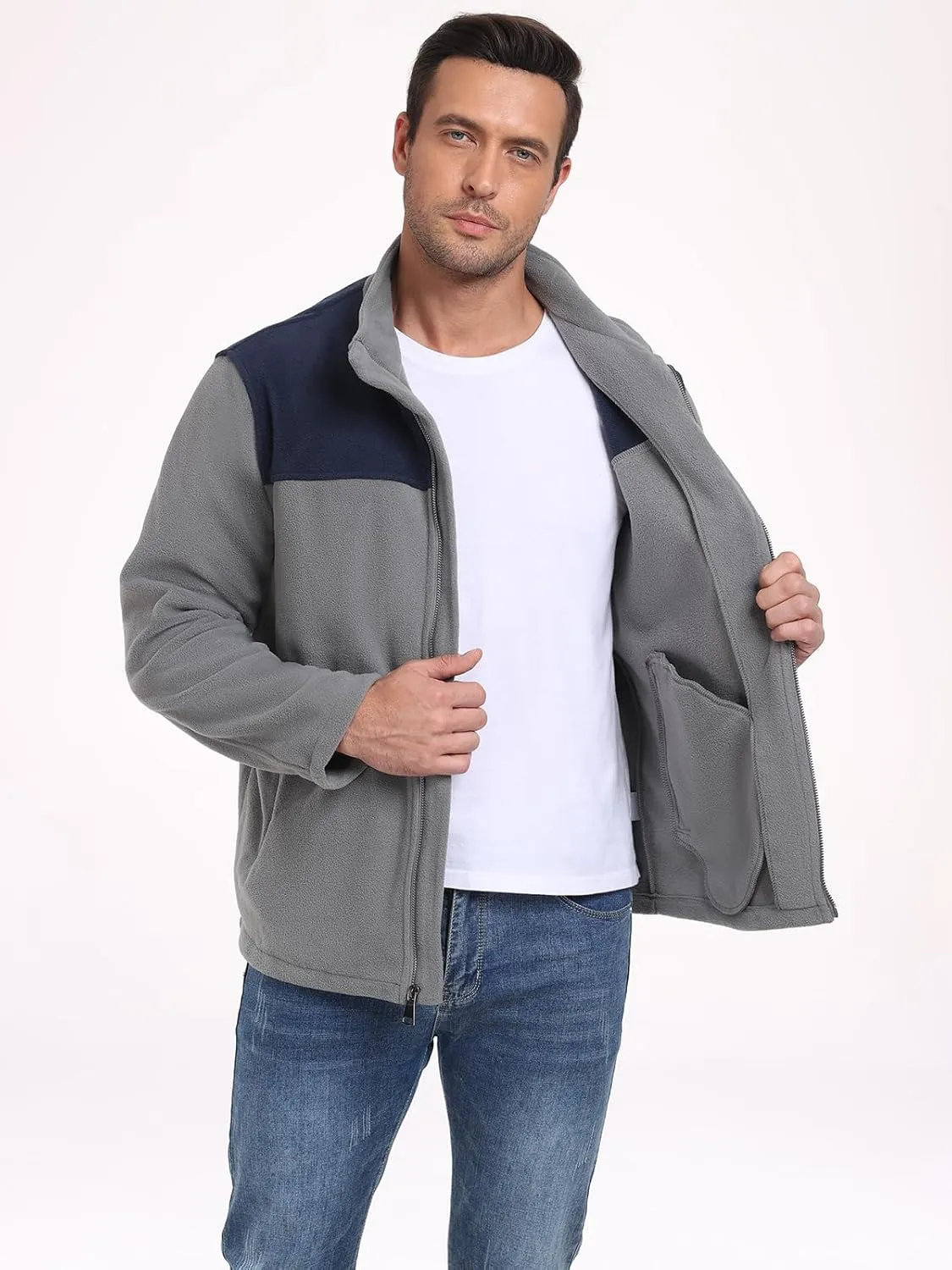 PEGENO Men's Fleece Jacket Classic Full Zip Stand Collar Lightweight Casual Soft Warm Coats With Zipper Pocket