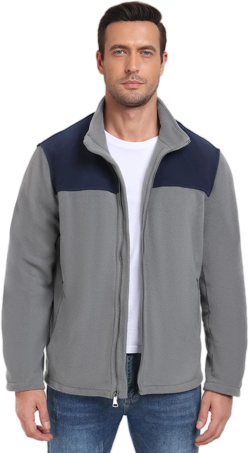 PEGENO Men's Fleece Jacket Classic Full Zip Stand Collar Lightweight Casual Soft Warm Coats With Zipper Pocket