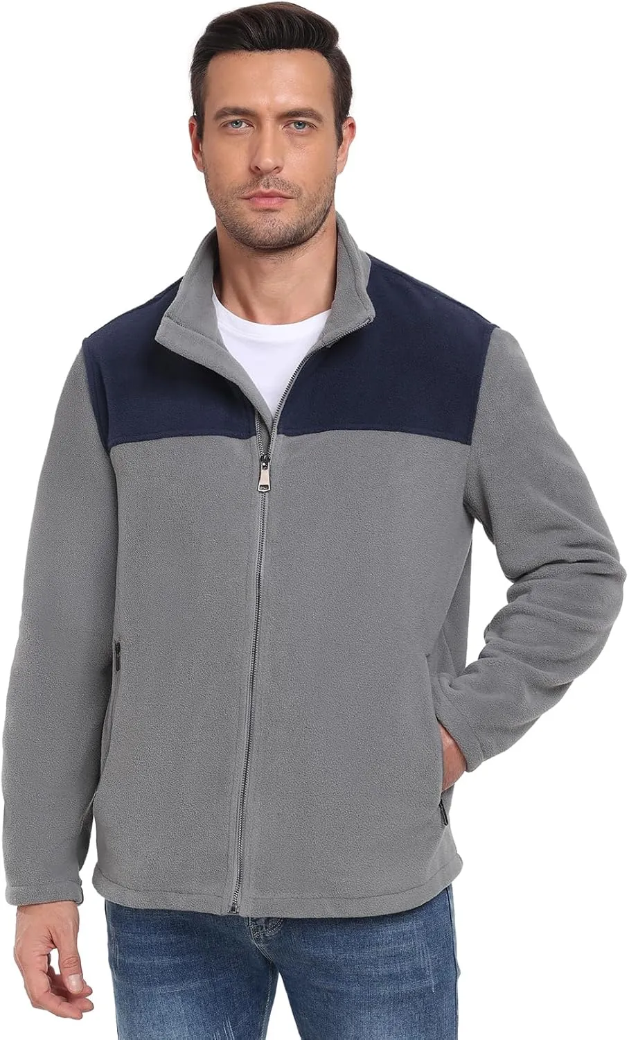 PEGENO Men's Fleece Jacket Classic Full Zip Stand Collar Lightweight Casual Soft Warm Coats With Zipper Pocket