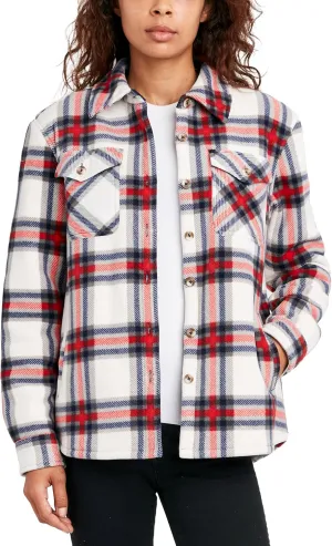 Sage Collective Women's Long Sleeve Plaid Super Plush Sherpa Lined Fleece Shirt Jacket with Pockets