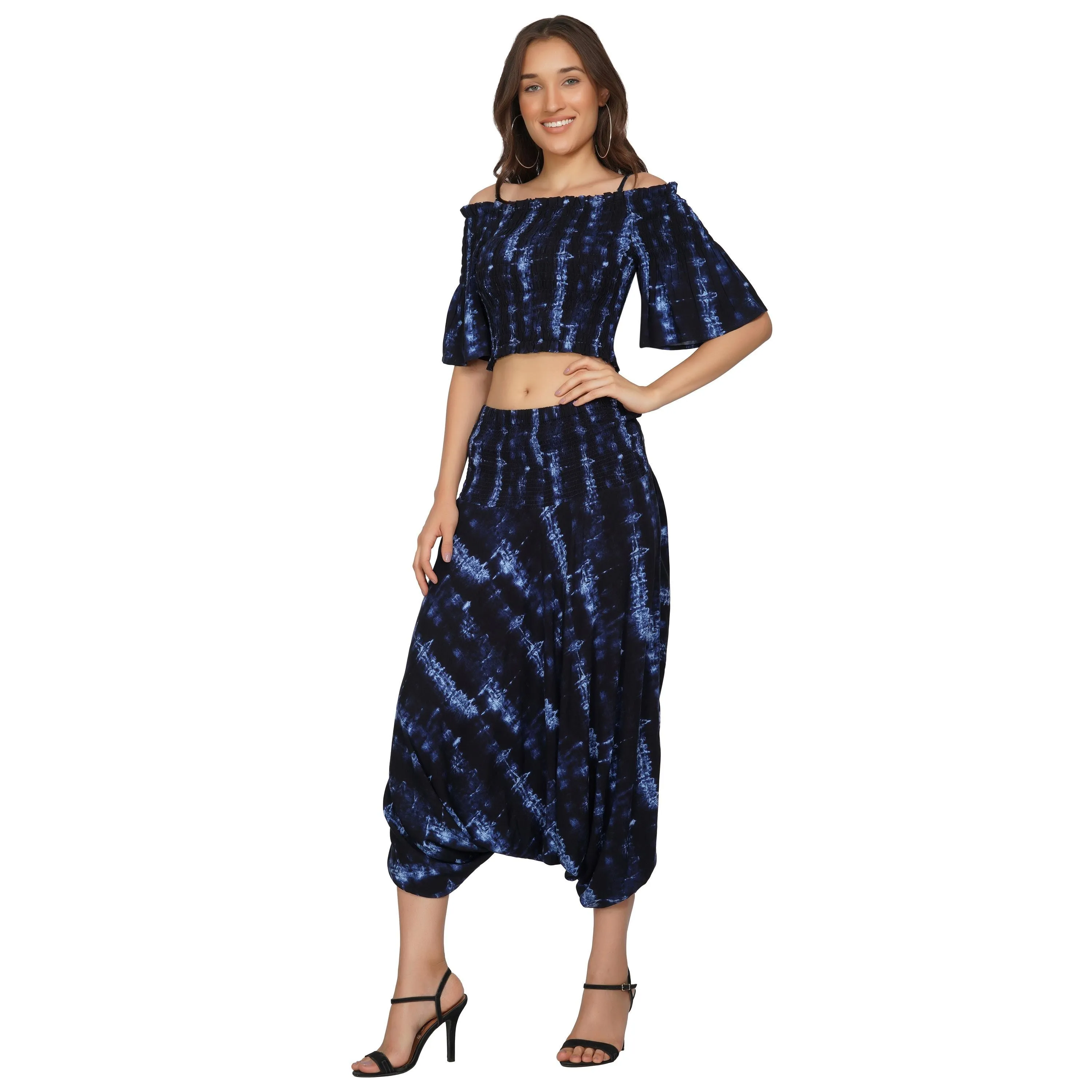 SLAY. Women's Co-ord Set Blue Tie-Dye Crop top & Harem Pants Palazzo