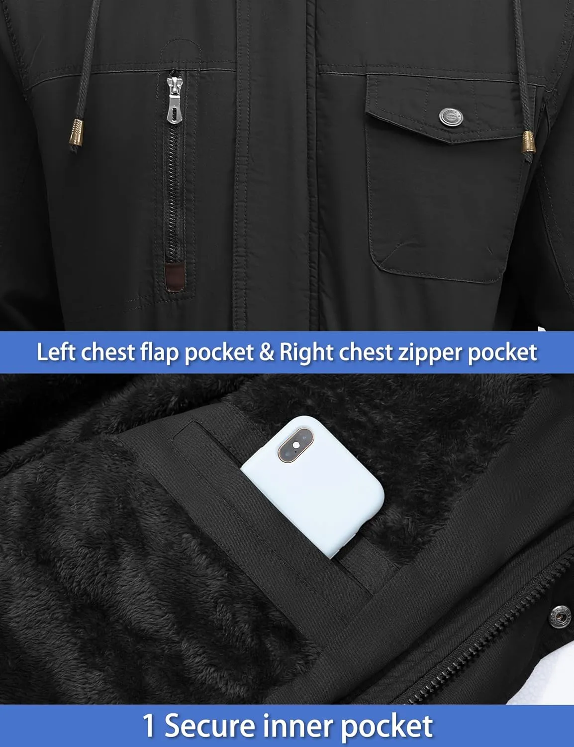 TACVASEN Men's Winter Jacket Cotton Military Jackets Fleece Lined Thick Work Warm Cargo Coats with Hooded