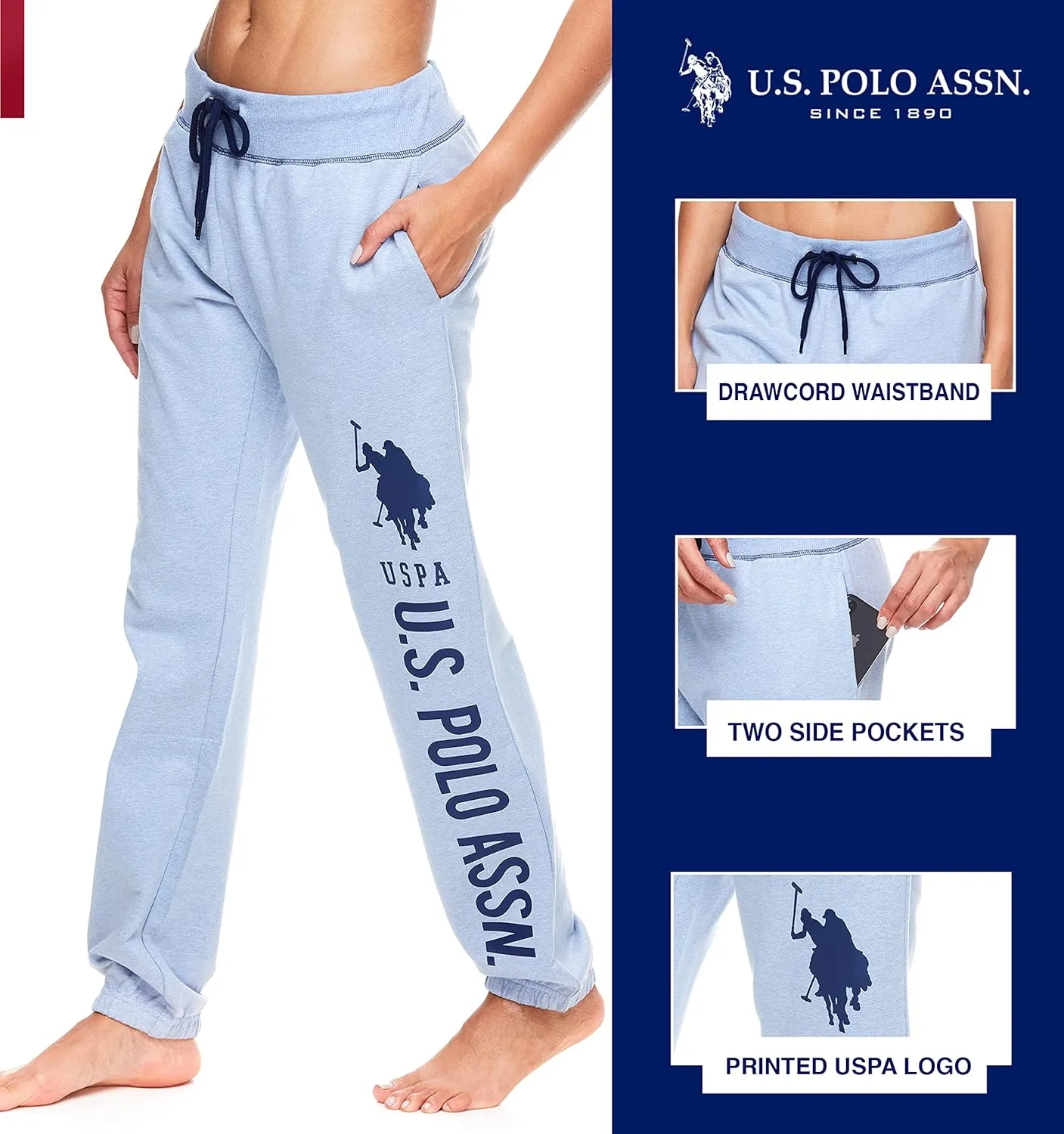 U.S. Polo Assn. Essentials Womens Sweatpants with Pockets, Comfy and Breathable French Terry Joggers for Women