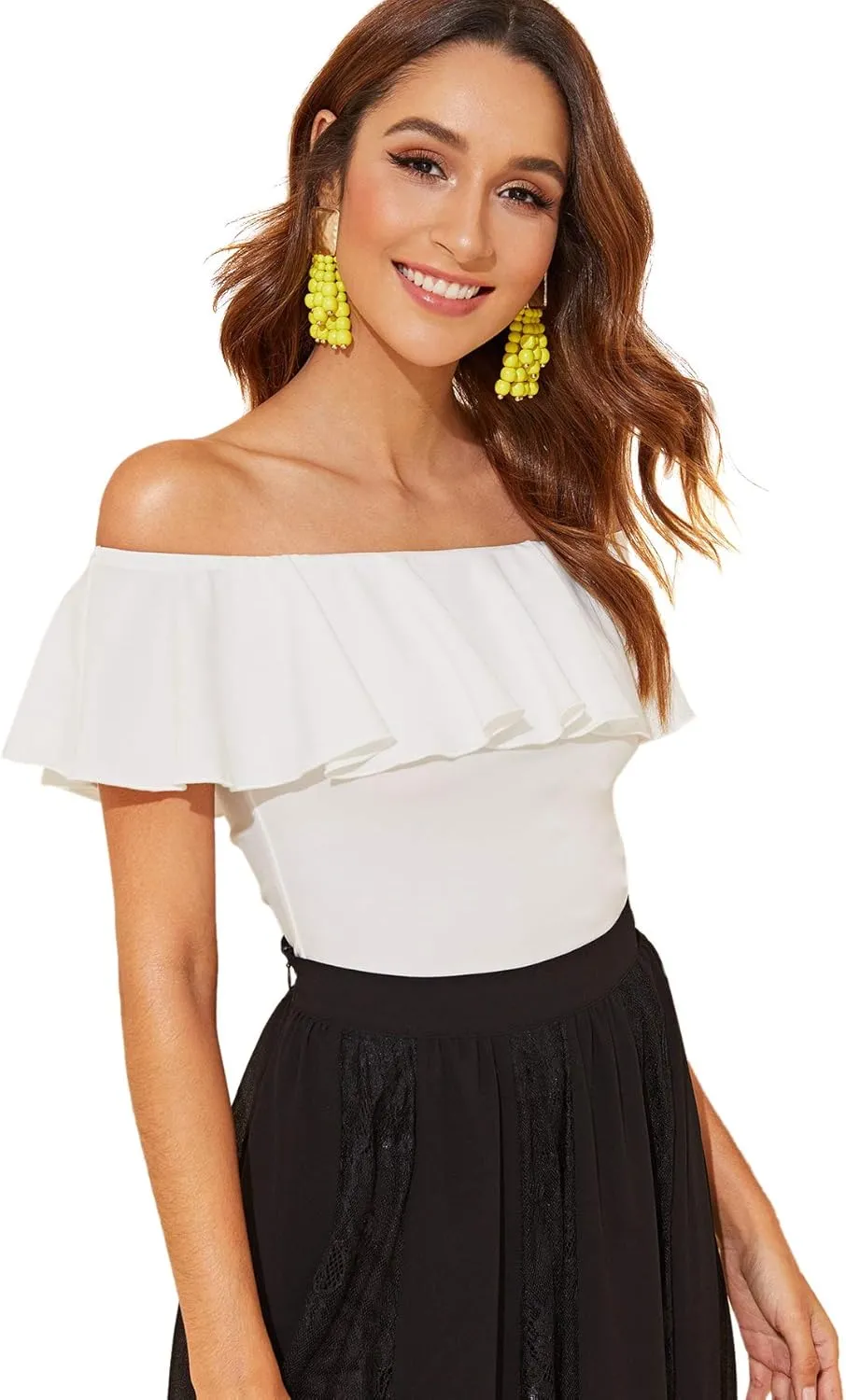 WDIRARA Women's Stretchy Off Shoulder Flounce Sleeve Sexy Slim Blouse Tops Shirt