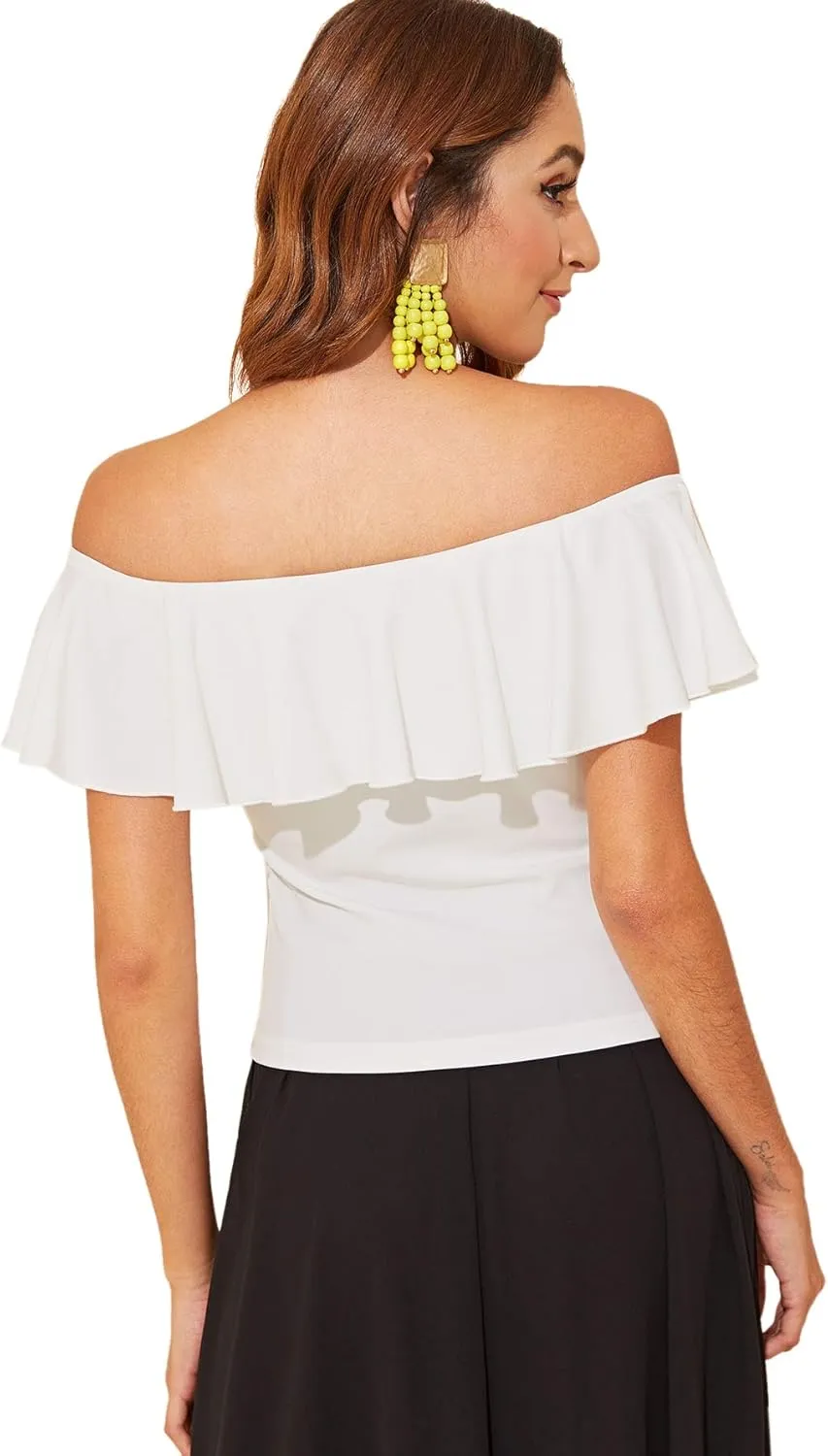 WDIRARA Women's Stretchy Off Shoulder Flounce Sleeve Sexy Slim Blouse Tops Shirt