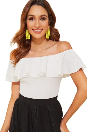 WDIRARA Women's Stretchy Off Shoulder Flounce Sleeve Sexy Slim Blouse Tops Shirt
