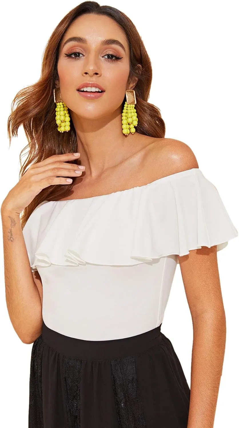WDIRARA Women's Stretchy Off Shoulder Flounce Sleeve Sexy Slim Blouse Tops Shirt