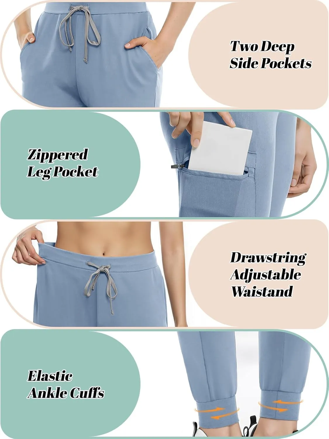 Women's Scrub Pants, Lightweight Soft Stretch Yoga Jogger with Elastic Drawstring Waistband, Mid-Rise Slim Fit Cargo Pants