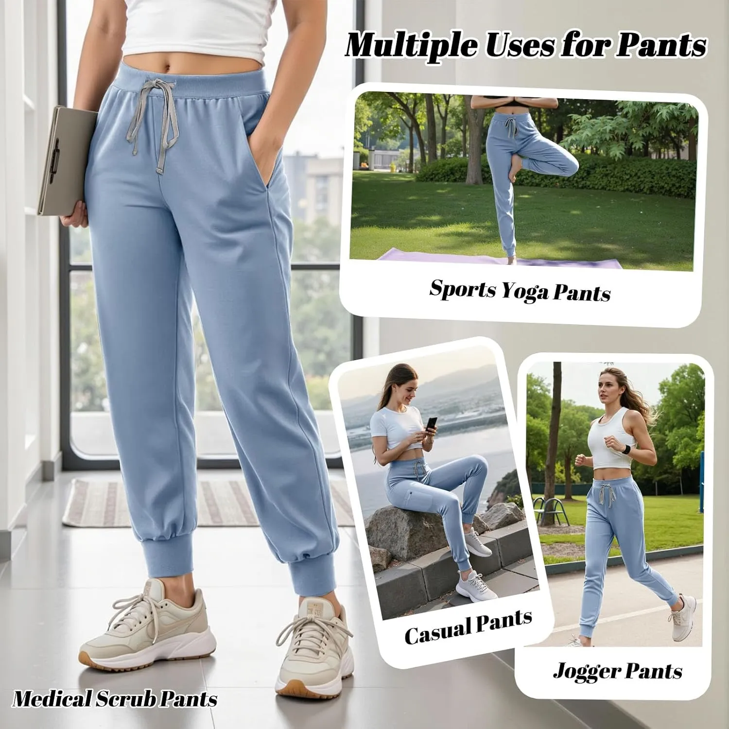 Women's Scrub Pants, Lightweight Soft Stretch Yoga Jogger with Elastic Drawstring Waistband, Mid-Rise Slim Fit Cargo Pants