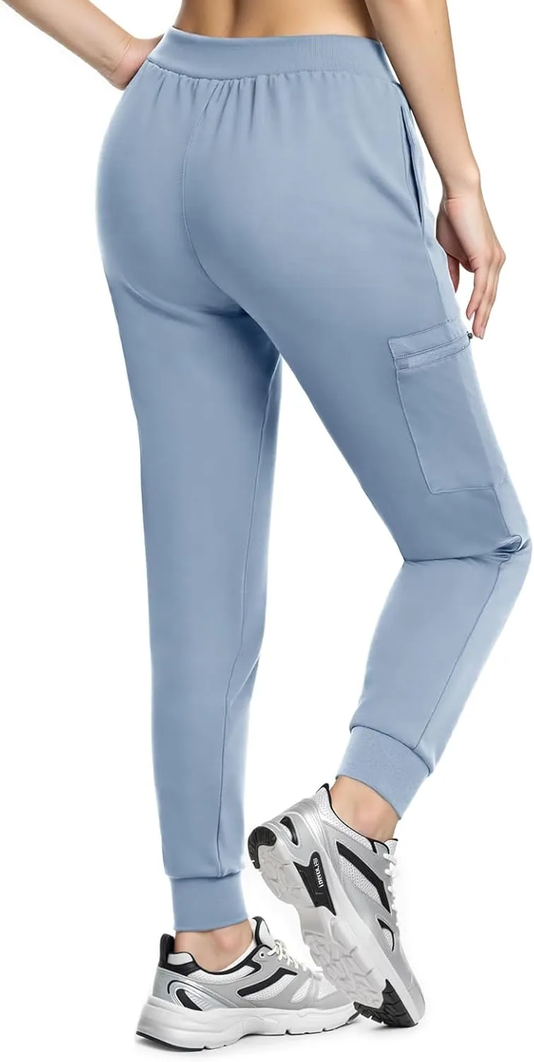 Women's Scrub Pants, Lightweight Soft Stretch Yoga Jogger with Elastic Drawstring Waistband, Mid-Rise Slim Fit Cargo Pants