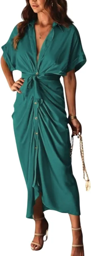 Women's Swing Classic Cute Maxi Ruched Breathable Shirt Dresses Bownot Slim Fitted Dress