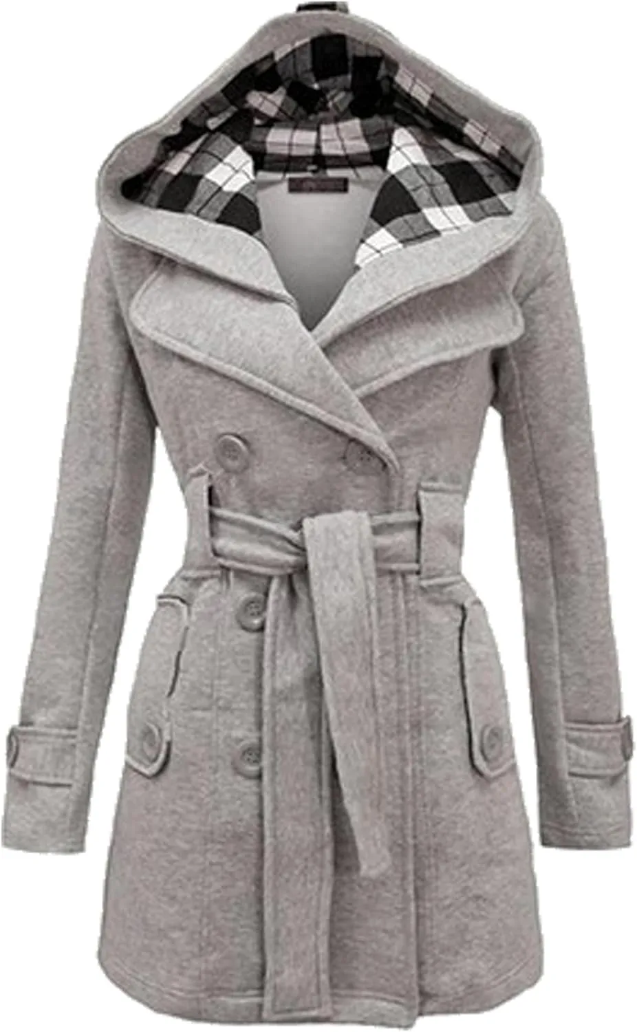 YMING Womens Winter Double Breasted Pea Coat Warm Wool Blend Trench Coat Hooded Plaid Outwear with Belt