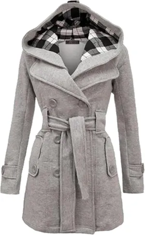 YMING Womens Winter Double Breasted Pea Coat Warm Wool Blend Trench Coat Hooded Plaid Outwear with Belt