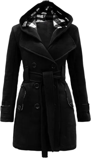 YMING Womens Winter Double Breasted Pea Coat Warm Wool Blend Trench Coat Hooded Plaid Outwear with Belt